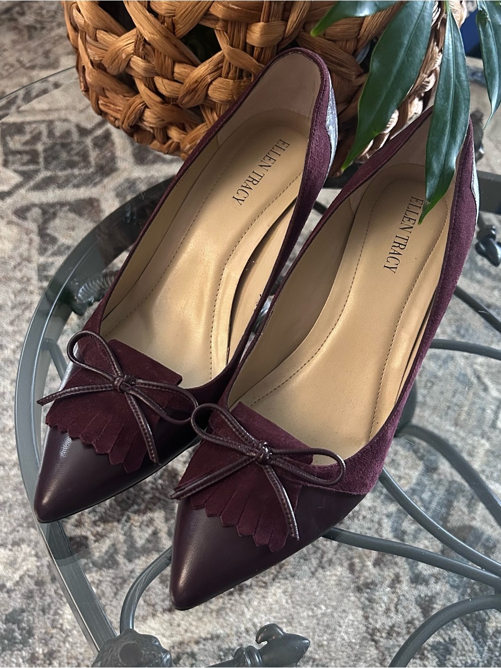 Ellen Tracy Burgundy Pointed-Toe Bow Pumps
